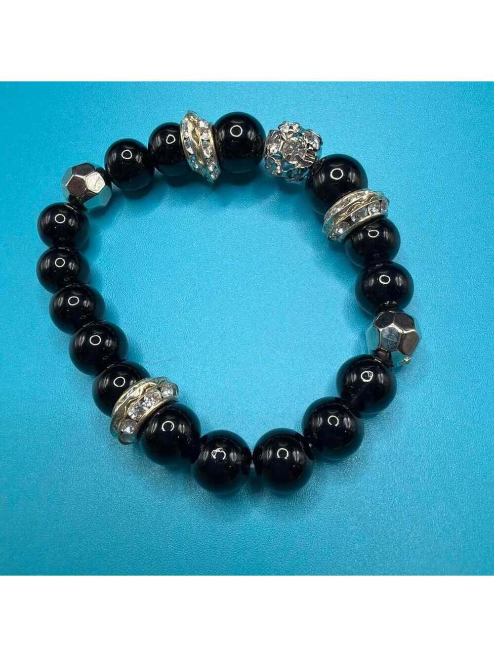 Black Beaded Stretch Bracelet with Rhinestone Accents